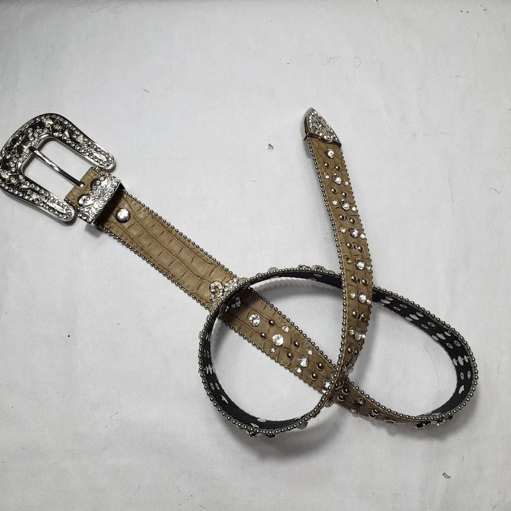 Genuine Leather Bling Western Belt Snakeskin Rhinestones Size Small Fleur-de-lis